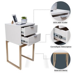 Mesa de Cabeceira Eco Industrial 30cm Branco 2 Gavetas Pés Ferro Dourado para Quarto Cama - 3
