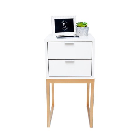 Mesa de Cabeceira Eco Industrial 30cm Branco 2 Gavetas Pés Ferro Dourado para Quarto Cama