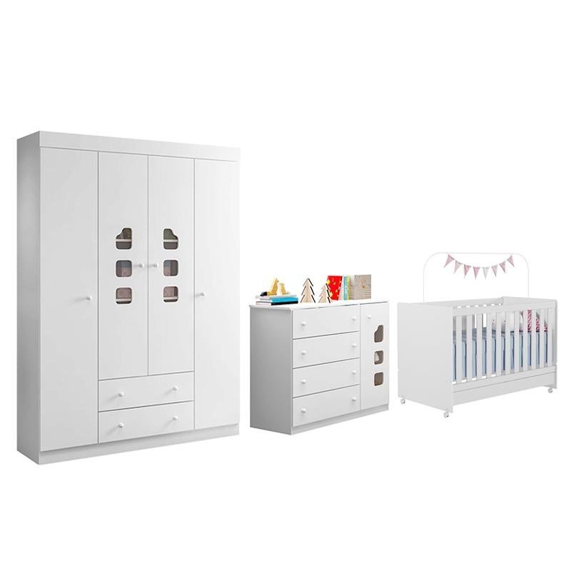 Dormitório Infantil Lívia Guarda Roupa, Cômoda e Berço Encanto Branco ...