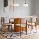 Ver imagem 1 de Conjunto Mesa Retangular Verbena 6 Lugares Tampo Vidro Brilhante Off White Cadeiras Linho Cru 160cm