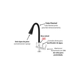 Torneira Flexivel de Mesa Saída Purificador Dois Jatos Preto - 2