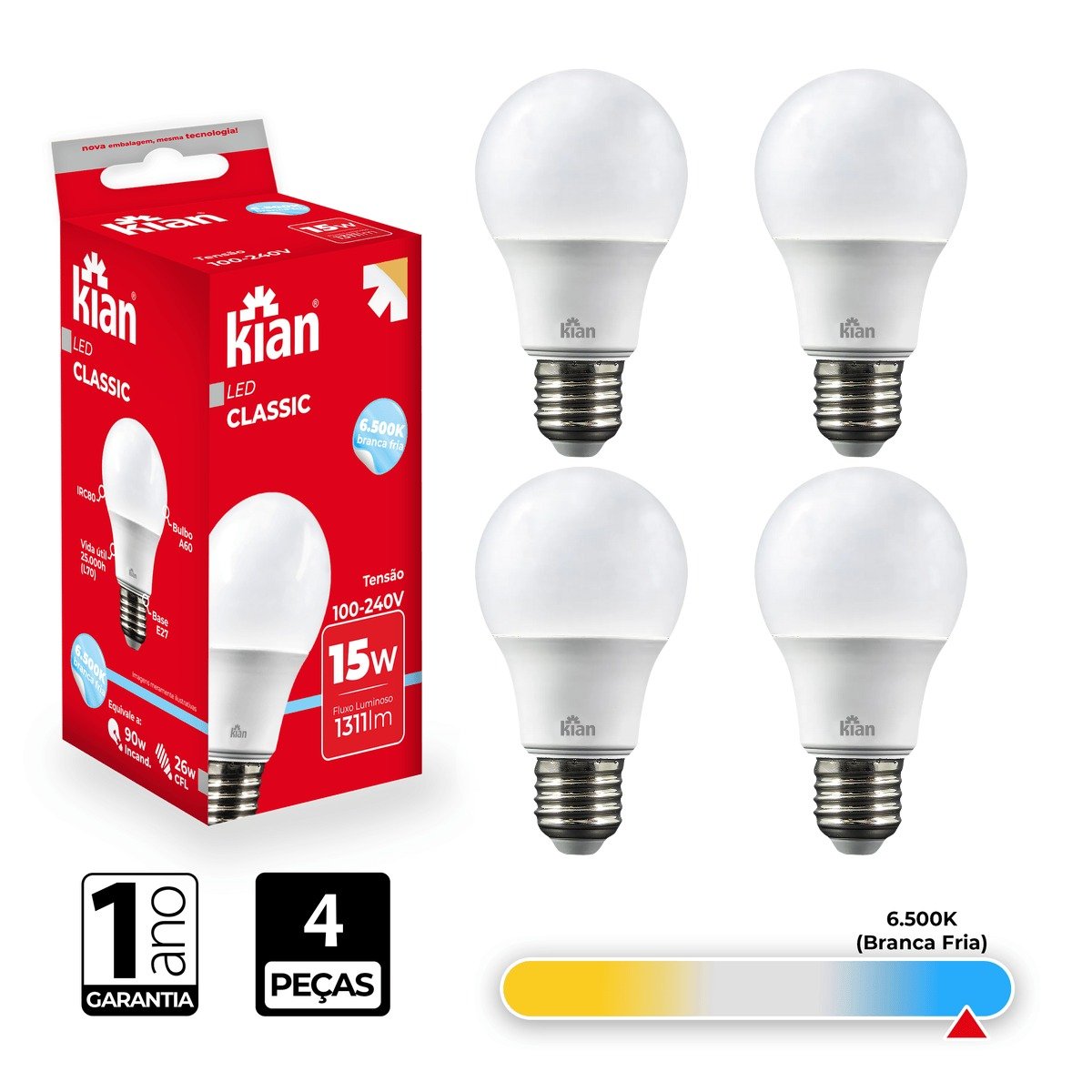 Lâmpada Led Bulbo Kian 15w 6500k Branca Fria 4 Peças - 2