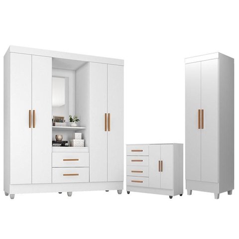 Guarda Roupa Casal Capela Com cômoda 4 Gavetas 2 Porta E armário Multiuso Lite Branco Brilho - Móvei