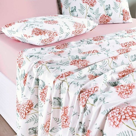 Jogo Cama Lençol Maris Casal Padrão Percalle 200 Fios Estampado 4 Peças Hortênsia Salmão