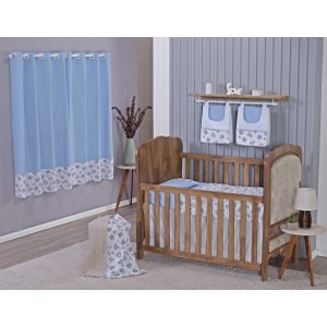 Enxoval de Bebe Kit de Berço Americano Cortina Algodão Menino Menina 7 Peças:urso Azul