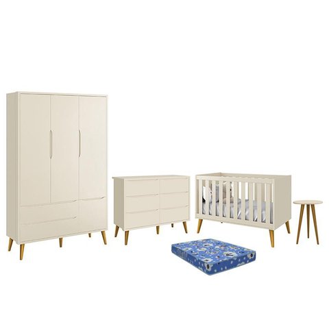 Dormitório Theo 3 Portas, Cômoda 6 Gavetas, Berço, Mesa de Canto Areia Fosco com Pés Amadeirado