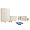 Ver imagem 1 de Dormitório Theo 3 Portas, Cômoda 6 Gavetas, Berço, Mesa de Canto Areia Fosco com Pés Amadeirado