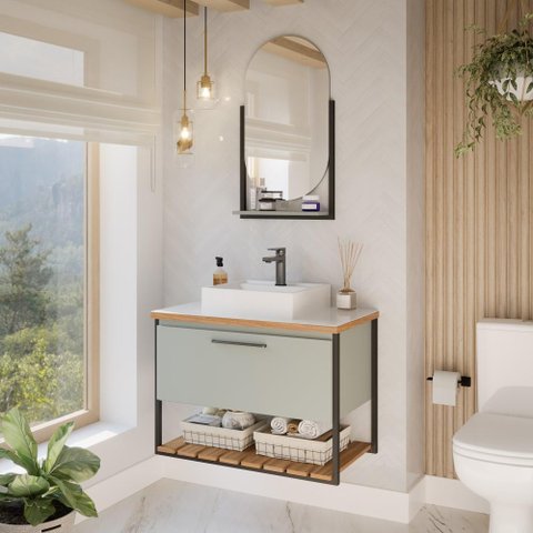 Gabinete Balcão Suspenso Cuba Marmorite Caribe 80 cm Aço Banheiro Porta 1 Prateleira Verde