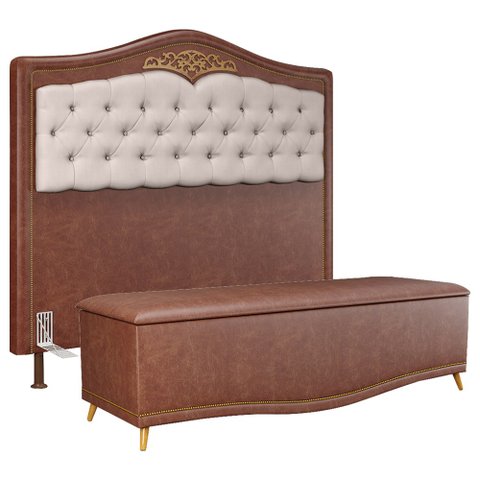 Cabeceira Cama Box Casal King 195cm Com Calçadeira Baú Imperial J02 Facto Marrom/Bege- Mpozenato