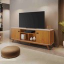 Ver imagem 3 de Rack Oslo com Portas de Bater, Pés de Madeira e Design C/cantos Arredondados:cinamomo/off