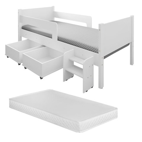 Cama Infantil Luna Plus com Colchão Escada 2 Baús Organizadores para Quarto Infantil - Branco