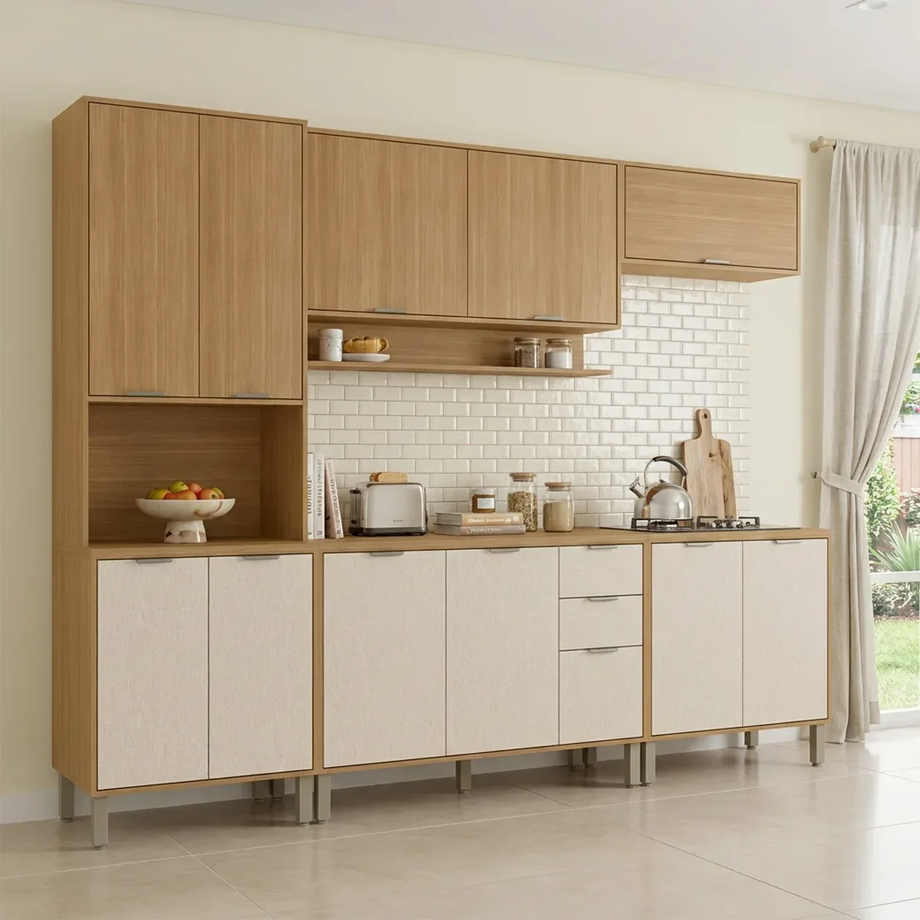 Ver imagem 1 de Cozinha Compacta Modulada 5 Peças 270cm 12 Portas e 2 Gavetas Colors Marrom Freijó/Nazca