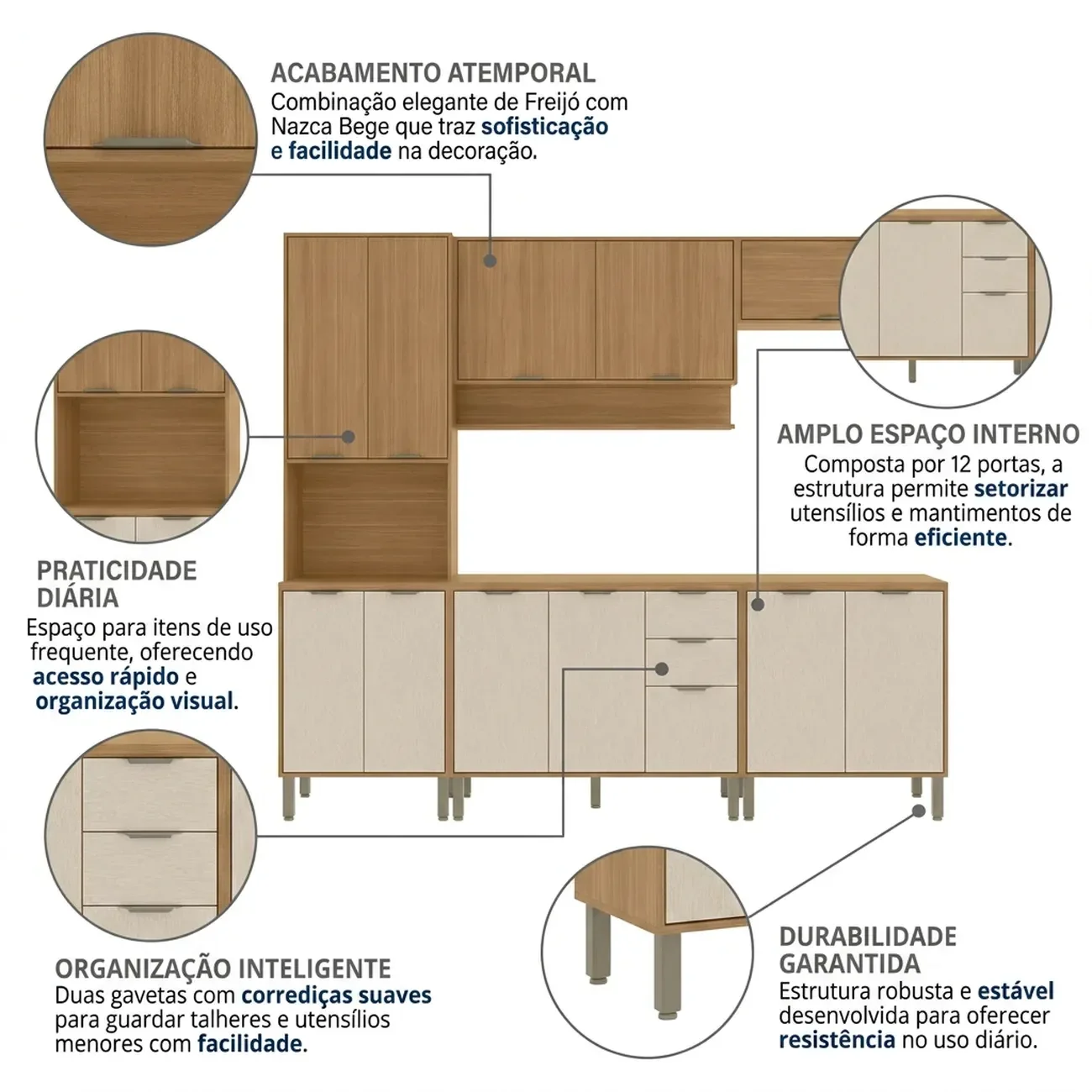Ver imagem 5 de Cozinha Compacta Modulada 5 Peças 270cm 12 Portas e 2 Gavetas Colors Marrom Freijó/Nazca