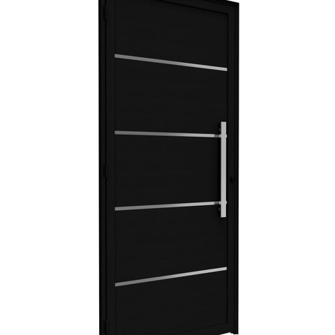 Porta de Alumínio de Giro Lambri 215x95cm com Friso e Puxador de 60cm Lucasa Ideale Abertura Direita Preto