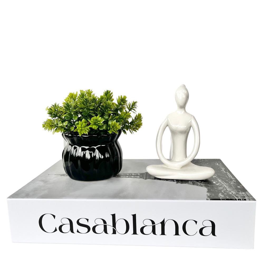 Decoração sala livro caixa + vaso preto + escultura mulher