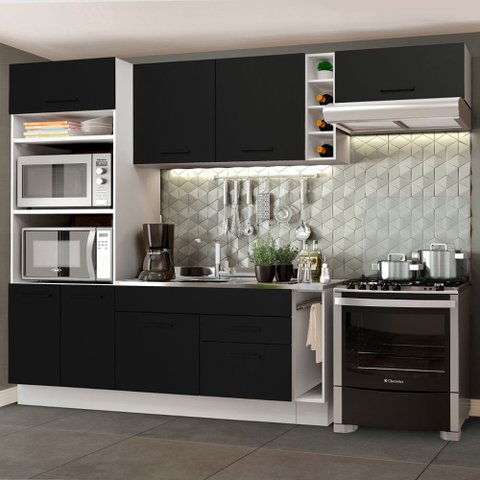 Cozinha Completa Madesa Agata 290002 com Armário e Balcão (Sem Tampo e Pia) Branco/Preto Cor:Branco/