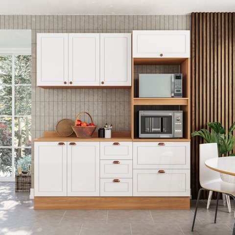 Cozinha Pérola com Rodapé e Tampo 190 cm 3 Peças Yescasa Branco/Freijó