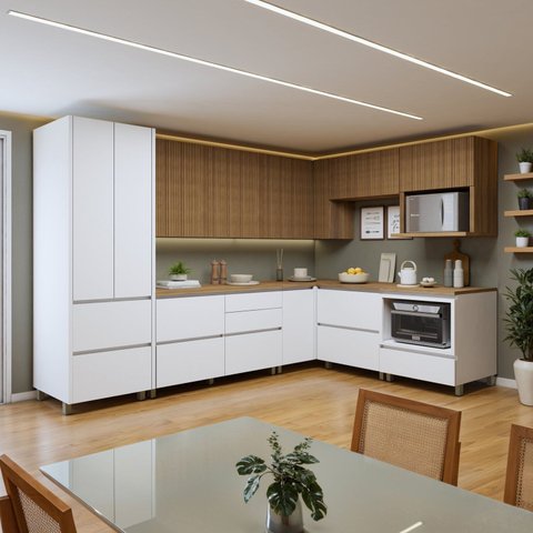 Cozinha Completa Modulada 9 Peças 11 Portas 8 Gavetas Norten Branco/Nature