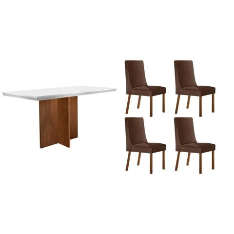 Conjunto Mesa Berlim c/ Tampo Madeirado c/ Vidro Canto Curvo 120x80cm e 4 Cadeiras Dakota Madeira