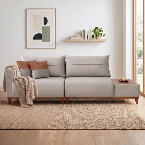 Sofá Living 3 Lugares Veludo Trento com Mesa de Apoio