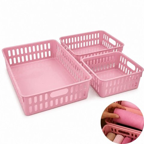 Kit 3 Organizadores Rosa Cestos Plasticos para Gaveta Armario Prateleira Cozinha Banheiro Multiuso
