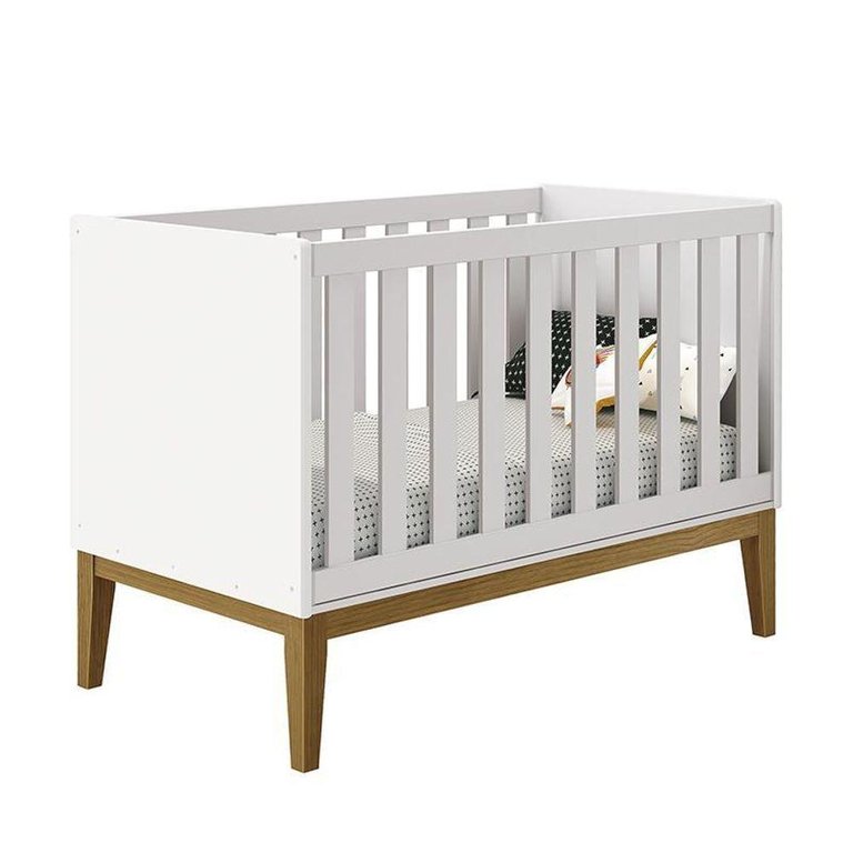 Berço Mini Cama Classic Branco Fosco com Pés Amadeirado - Reller Móveis Branco Fosco