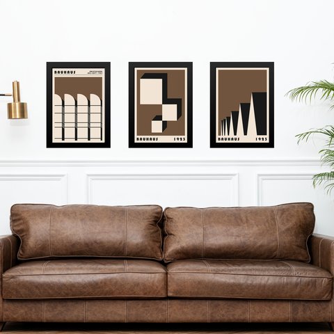 Kit 3 Quadros Artes Bauhaus Marrom Arquitetura 24x18cm - com Vidro:moldura Preta