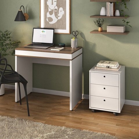 Conjunto 2 Peças com Escrivaninha Compacta e Armazenamento Inteligente e Gaveteiro 3 Gavetas Ipê Branco Artany
