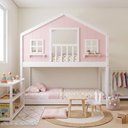 Ver imagem 3 de Beliche Infantil Montessori com Varanda Casinha Dos Sonhos Madeira Maciça Rosa/Branco Megamobilia