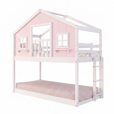 Beliche Infantil Montessori com Varanda Casinha Dos Sonhos Madeira Maciça Rosa/Branco Megamobilia