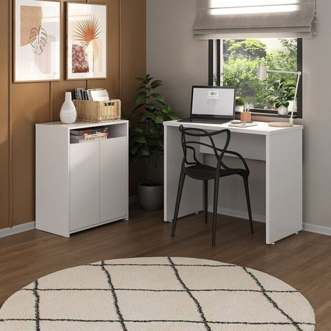 Conjunto 2 Peças com Escrivaninha Minimalista e Compacta Mary e Balcão Multiuso 2 Portas com Nicho Cool Branco Artany