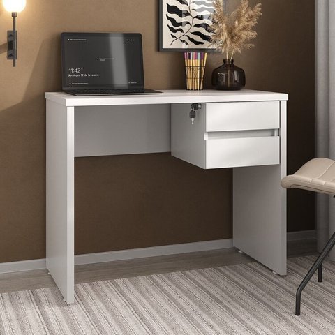Escrivaninha Mesa Escritório Minimalista com com Chave 2 Gavetas 90,8cm Branco Artany