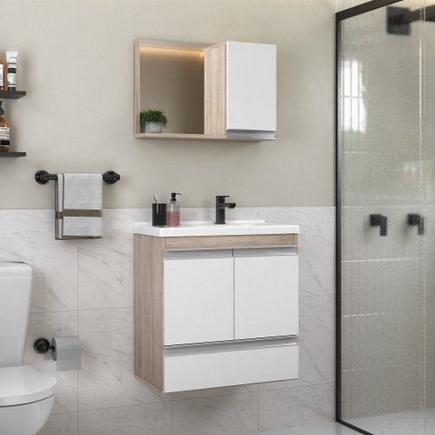 Kit Gabinete Banheiro Fox 60cm Madeirado/branco (gabinete + Cuba + Espelheira)