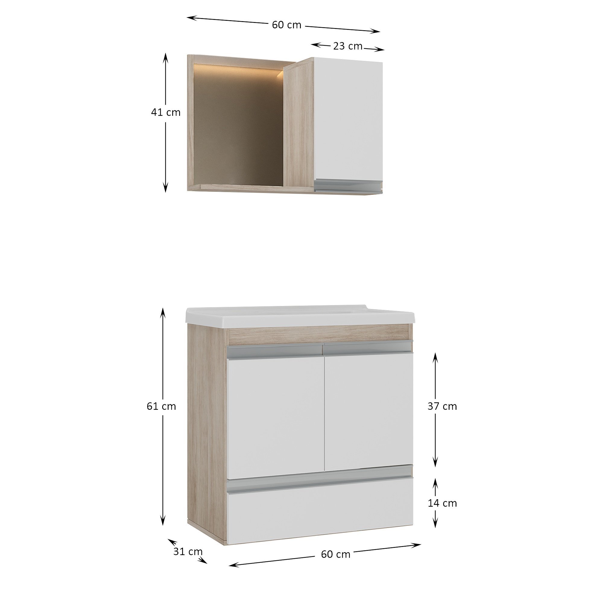 Kit Gabinete Banheiro Fox 60cm Madeirado/branco (gabinete + Cuba + Espelheira) - 3