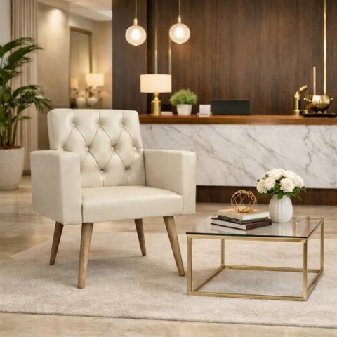 Poltrona Decorativa Capitone Reforçada Confortável para Sala Bege