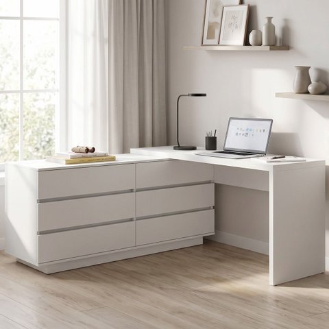 Escrivaninha em L ou Reta Oring 6 Gavetas 230cm CabeCasa MadeiraOriginals Branco