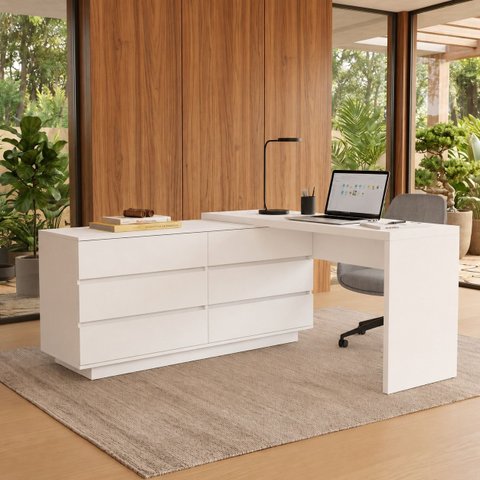 Escrivaninha em L ou Reta Oring 6 Gavetas 230cm CabeCasa MadeiraOriginals Branco