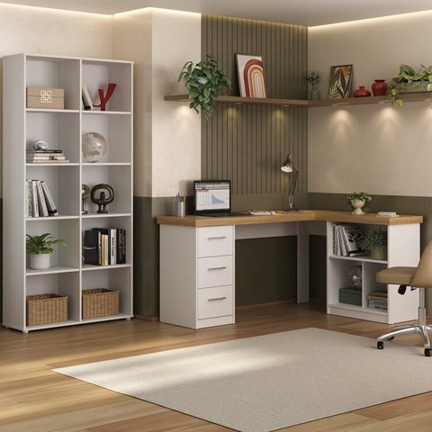 Conjunto 2 Peças com Escrivaninha em L com Nichos e 3 Gavetas e Estante Clean com 10 Olmo Branco