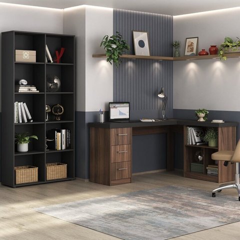 Conjunto 2 Peças com Escrivaninha em L com Nichos e 3 Gavetas e Estante Clean com 10 Ipê Preto Artany