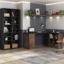 Ver imagem 1 de Conjunto 2 Peças com Escrivaninha em L com Nichos e 3 Gavetas e Estante Clean com 10 Ipê Preto Artany
