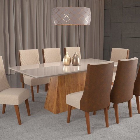 Mesa de Jantar Retangular 200x90 Haven com 8 Cadeiras em Madeira Maciça Topazio Bege/Mel/Off Whiti/D