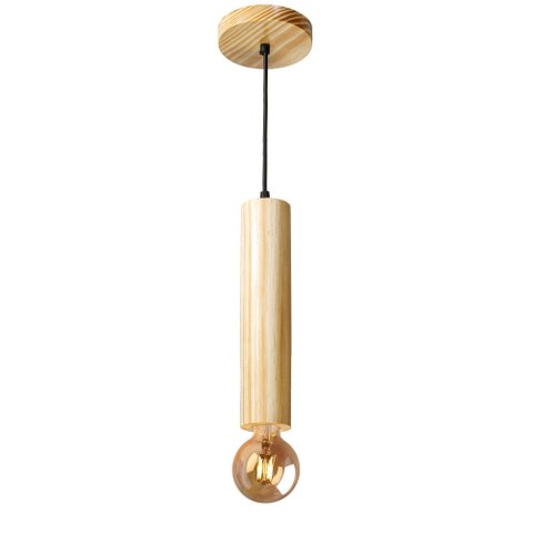 Luminária Pendente Cilindro Tubo de Madeira Maciça 1 Metro E27 Lustre - Cor Natural Moderno