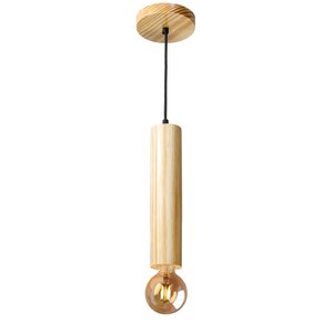 Luminária Pendente Cilindro Tubo de Madeira Maciça 1 Metro E27 Lustre Cor Natural Moderno Ideal para