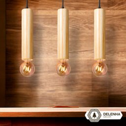 Luminária Pendente Cilindro Tubo de Madeira Maciça 1 Metro E27 Lustre Cor Natural Moderno Ideal para - 6