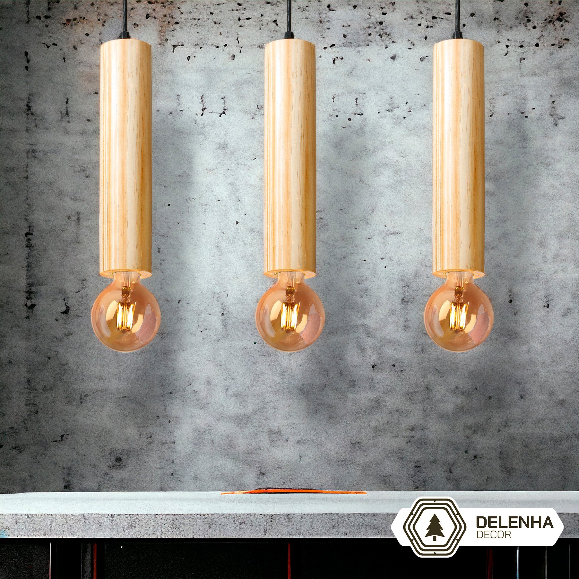 Luminária Pendente Cilindro Tubo de Madeira Maciça 1 Metro E27 Lustre Cor Natural Moderno Ideal para - 7