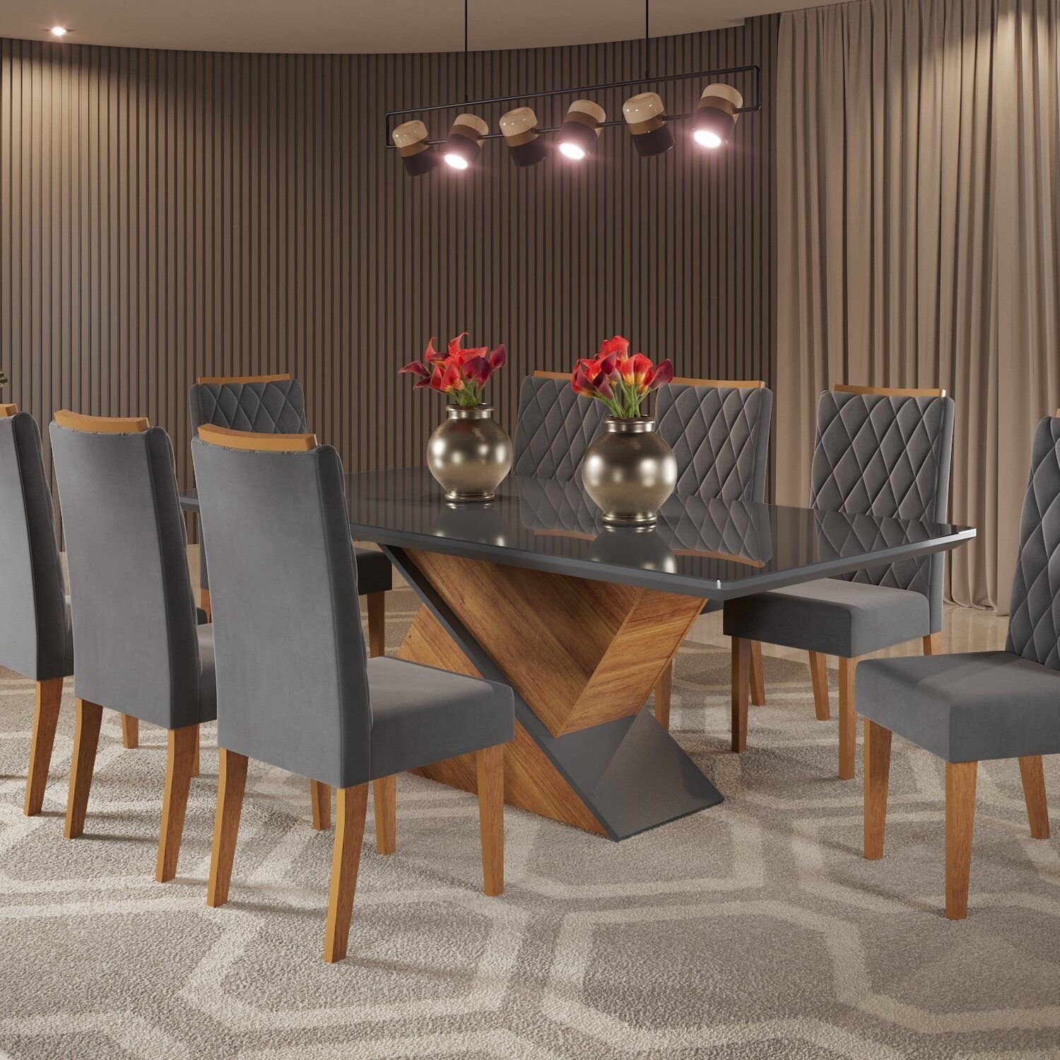 Mesa de Jantar Retangular 200x90 Noble com 8 Cadeiras Iza Cinza