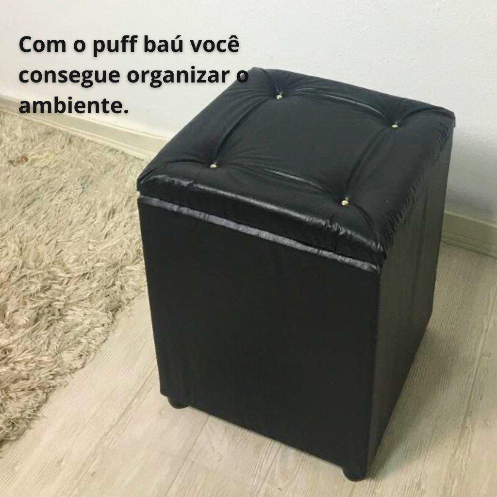 Puff Baú Quadrado Guarda Acessórios Assento Apoio de Pés - Preto Corino - 4