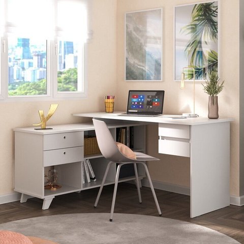 Escrivaninha Mesa Escritório em L Retrô Gold com 145cm Branco Artany