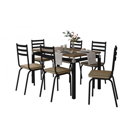 Conjunto de Mesa com 6 Cadeiras Malva Tampo BP 136cm Preto Nature Assento Rattan Artefamol