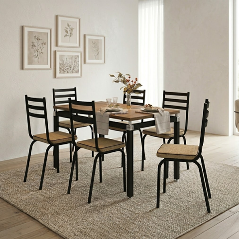 Conjunto de Mesa com 6 Cadeiras Malva Tampo BP 136cm Preto Nature Assento Rattan Artefamol